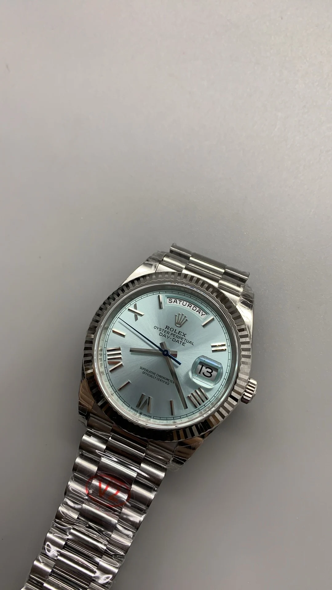 Rolex Day-Date Ice Blue Blue Dial 40mm — photographed off the sweep