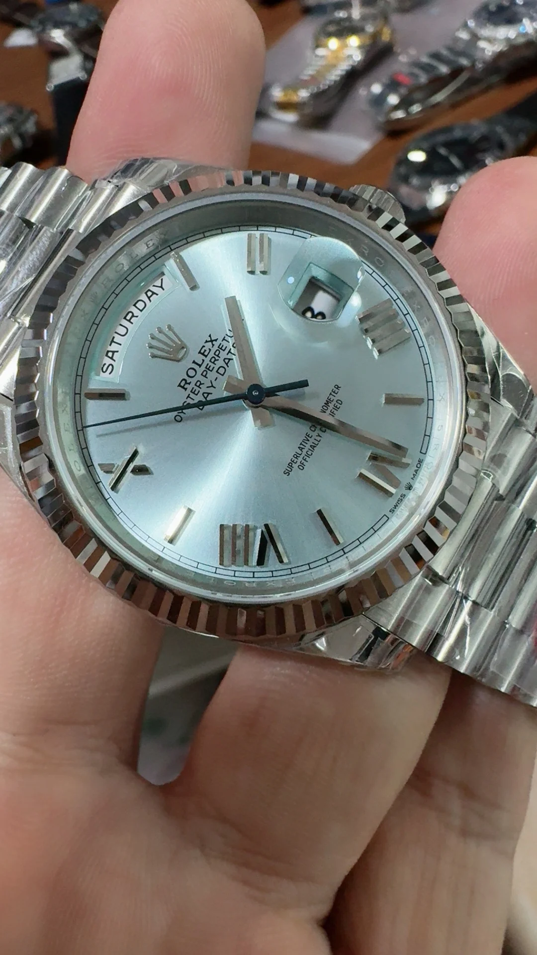 Rolex Day-Date Ice Blue Blue Dial 40mm — photographed off the sweep