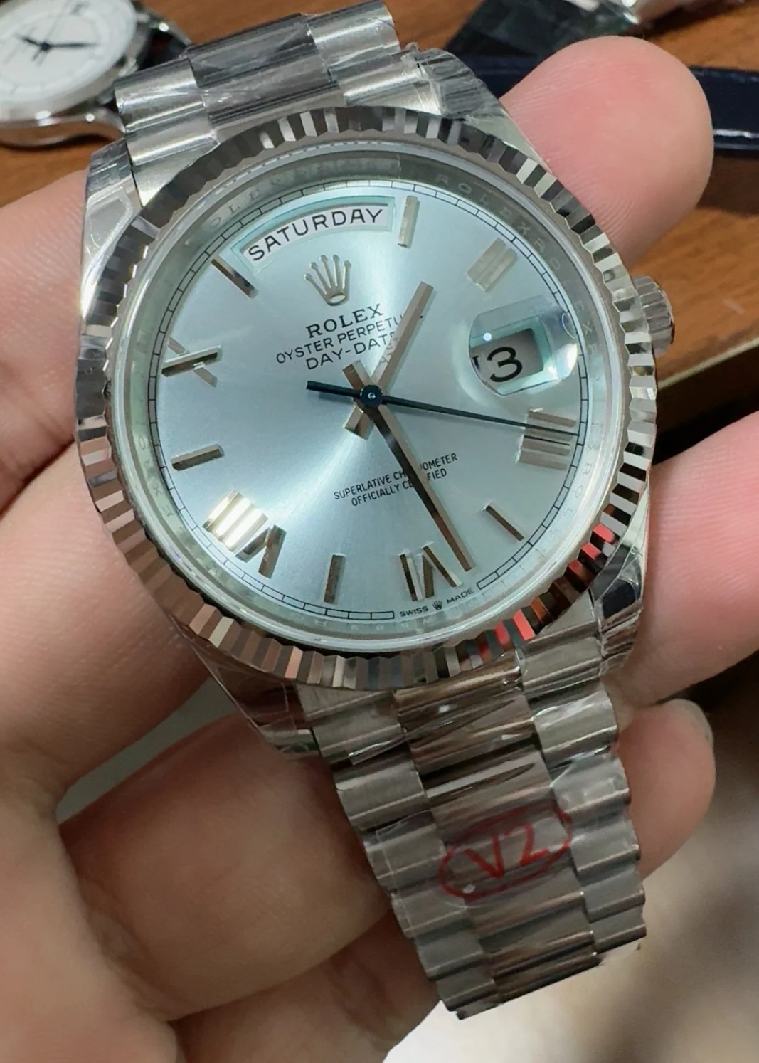 Rolex Day-Date Ice Blue Blue Dial 40mm — photographed off the sweep