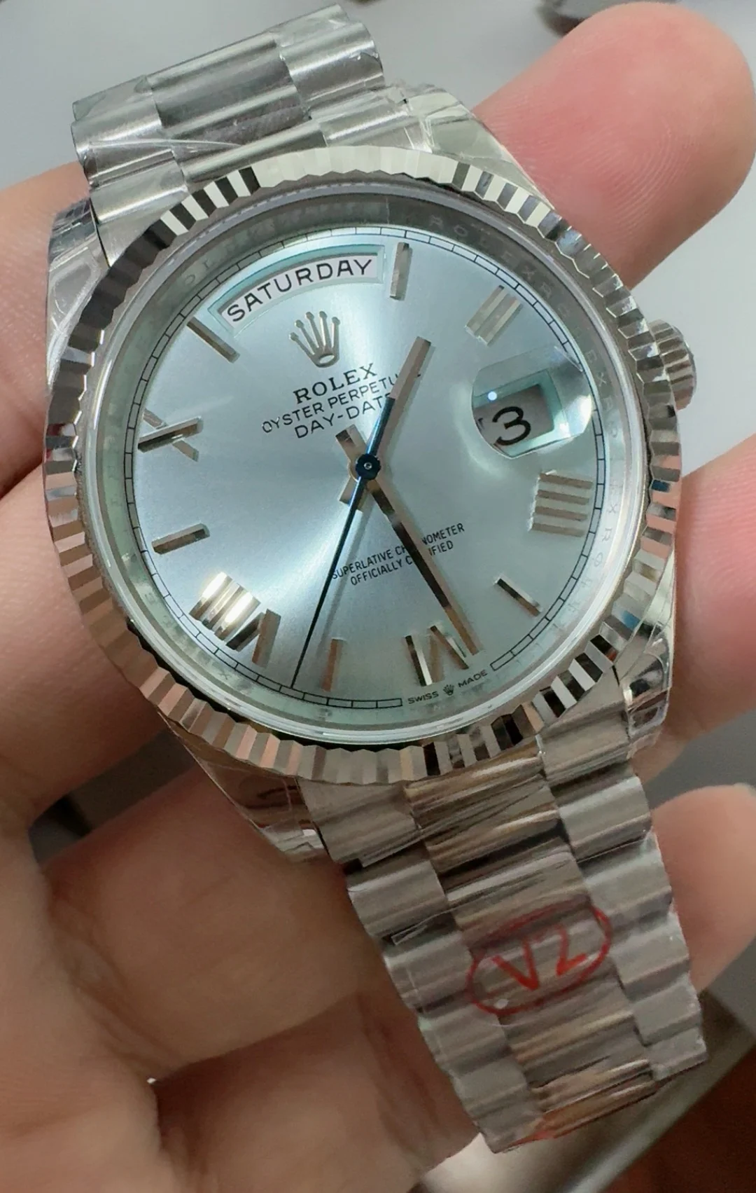 Rolex Day-Date Ice Blue Blue Dial 40mm — photographed off the sweep