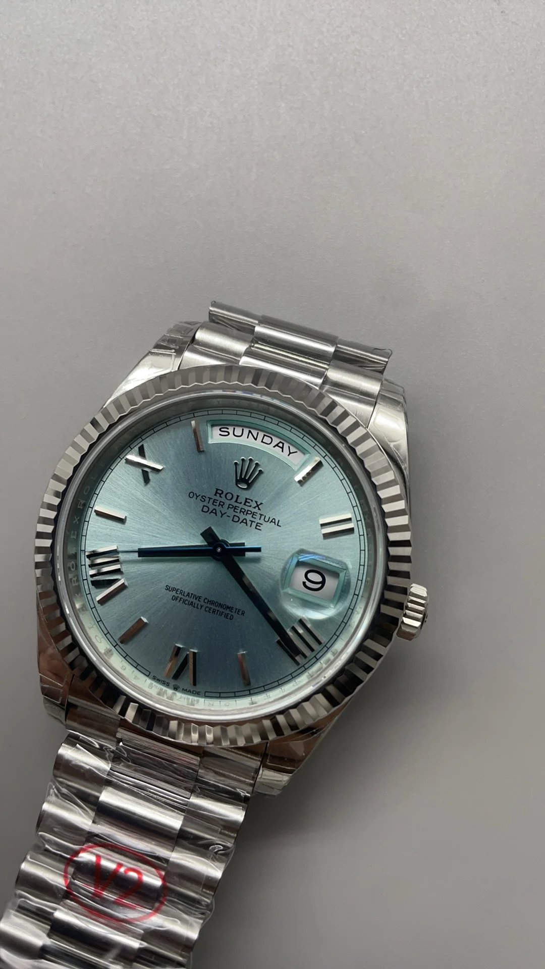 Rolex Day-Date Ice Blue Blue Dial 40mm — photographed off the sweep