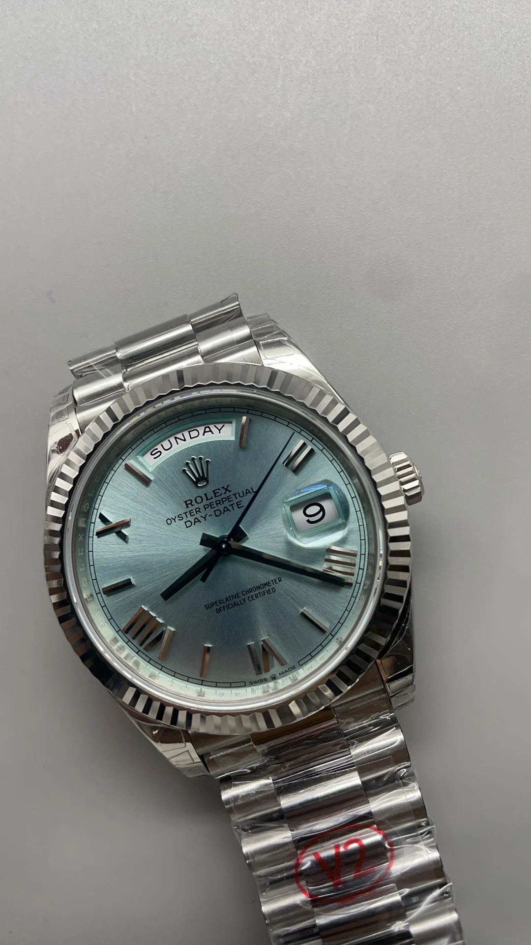 Rolex Day-Date Ice Blue Blue Dial 40mm — photographed off the sweep