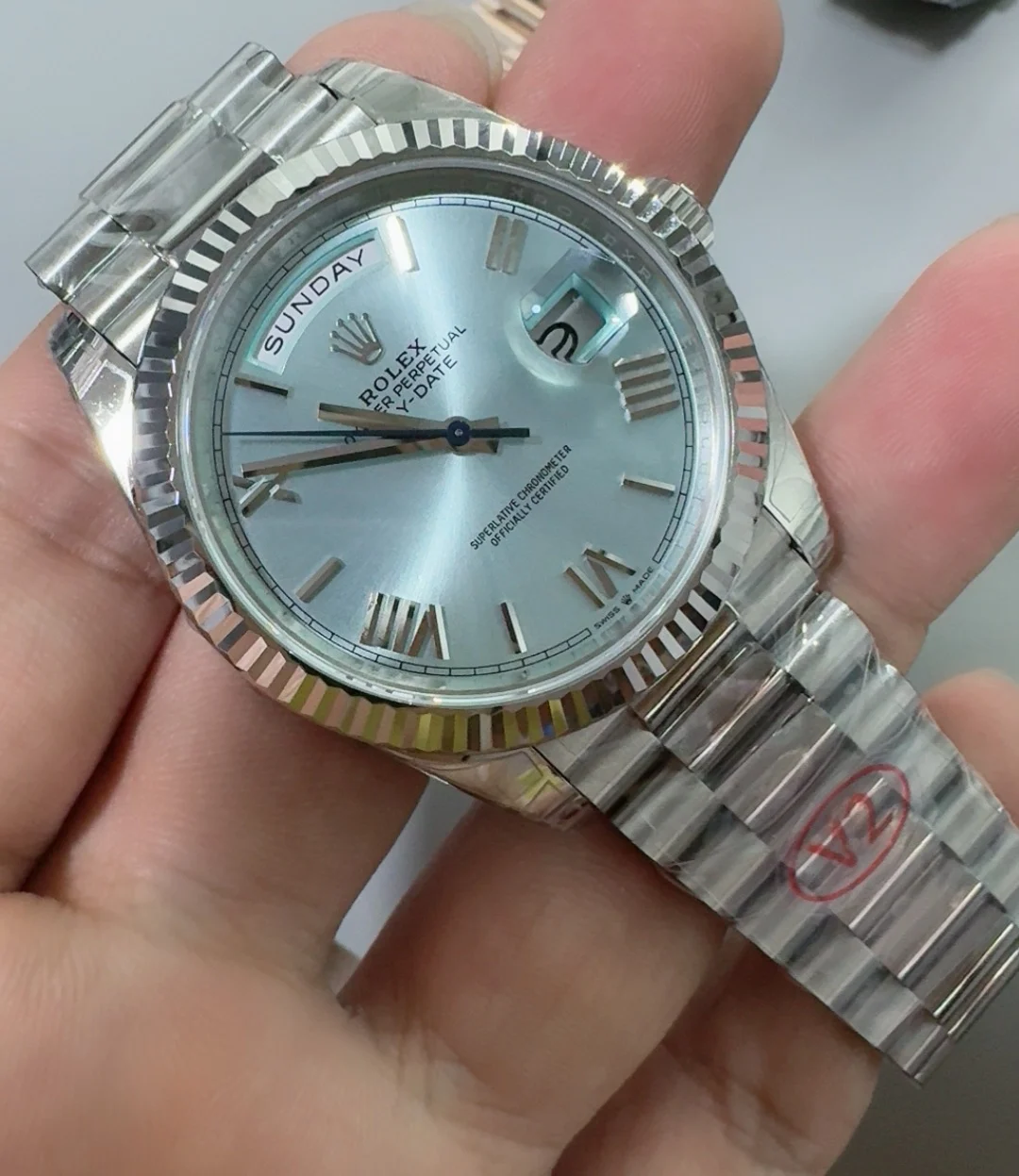 Rolex Day-Date Ice Blue Blue Dial 40mm — photographed off the sweep