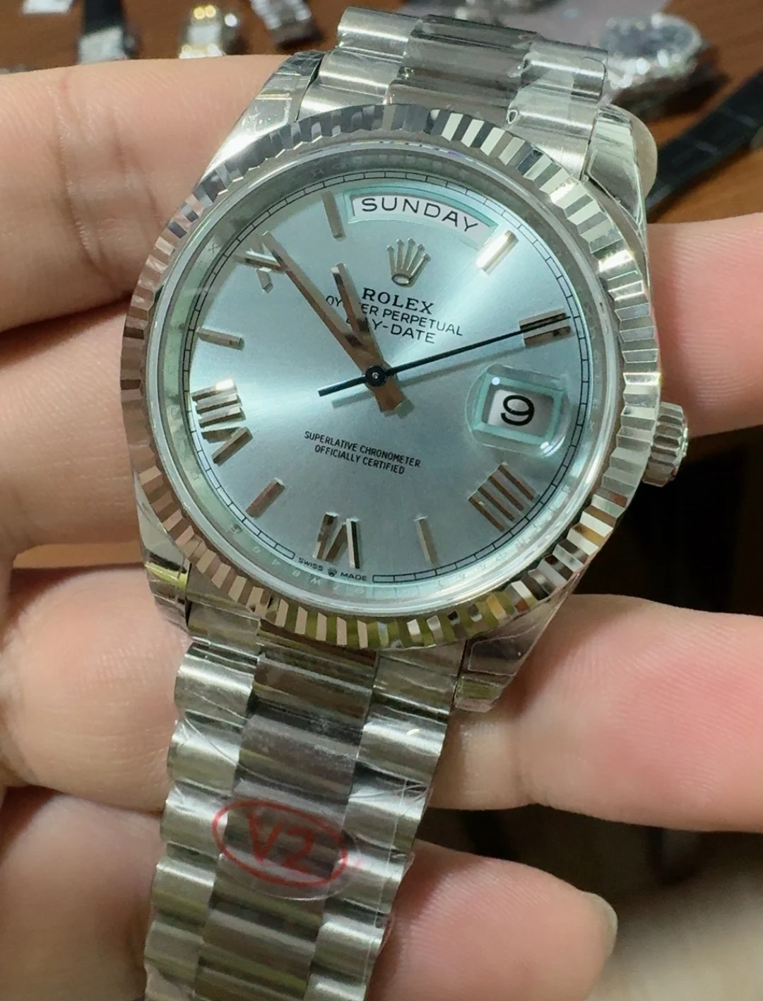 Rolex Day-Date Ice Blue Blue Dial 40mm — photographed off the sweep
