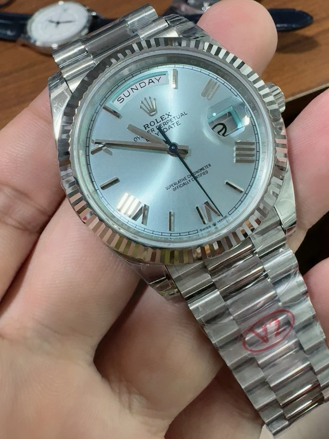 Rolex Day-Date Ice Blue Blue Dial 40mm — photographed off the sweep