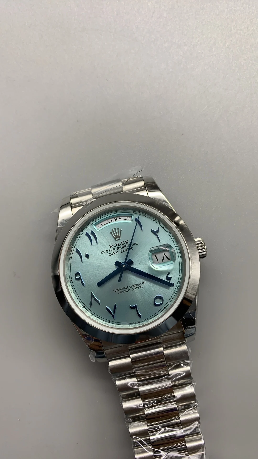 Rolex Day-Date Ice Blue Blue Dial 40mm — photographed off the sweep