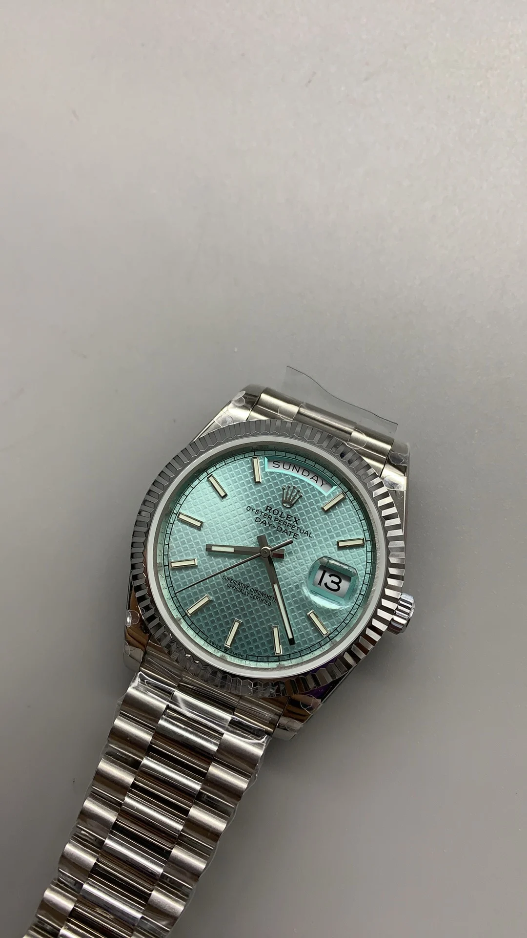 Rolex Day-Date Ice Blue Blue Dial 40mm — photographed off the sweep