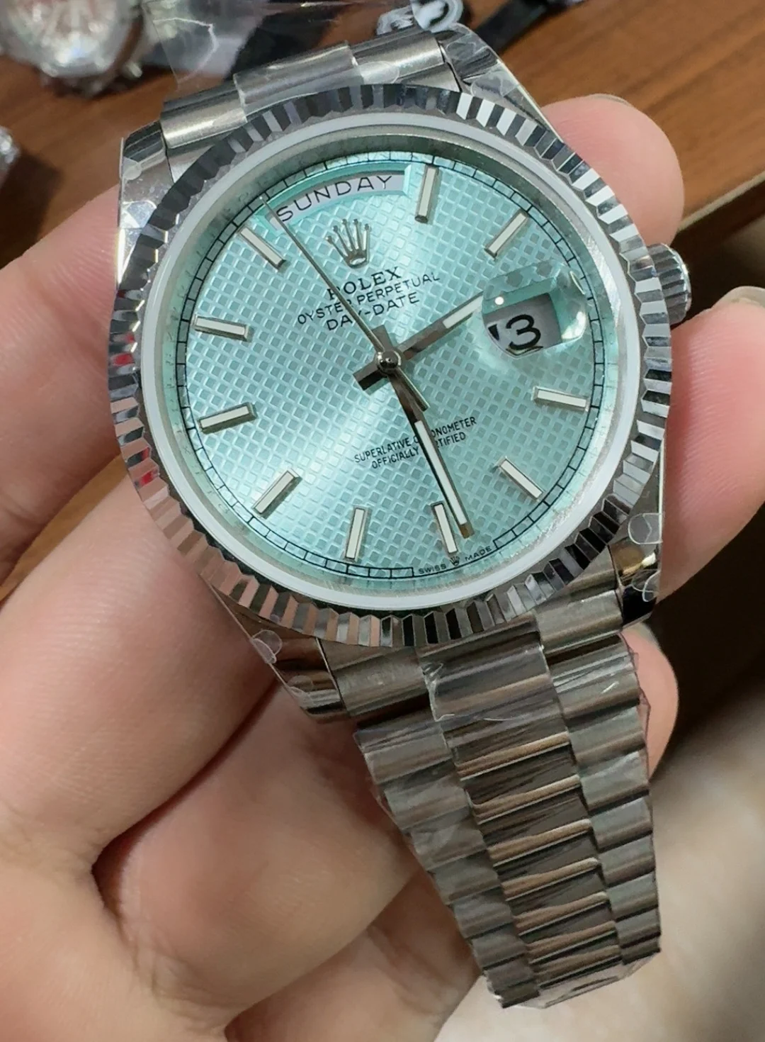 Rolex Day-Date Ice Blue Blue Dial 40mm — photographed off the sweep