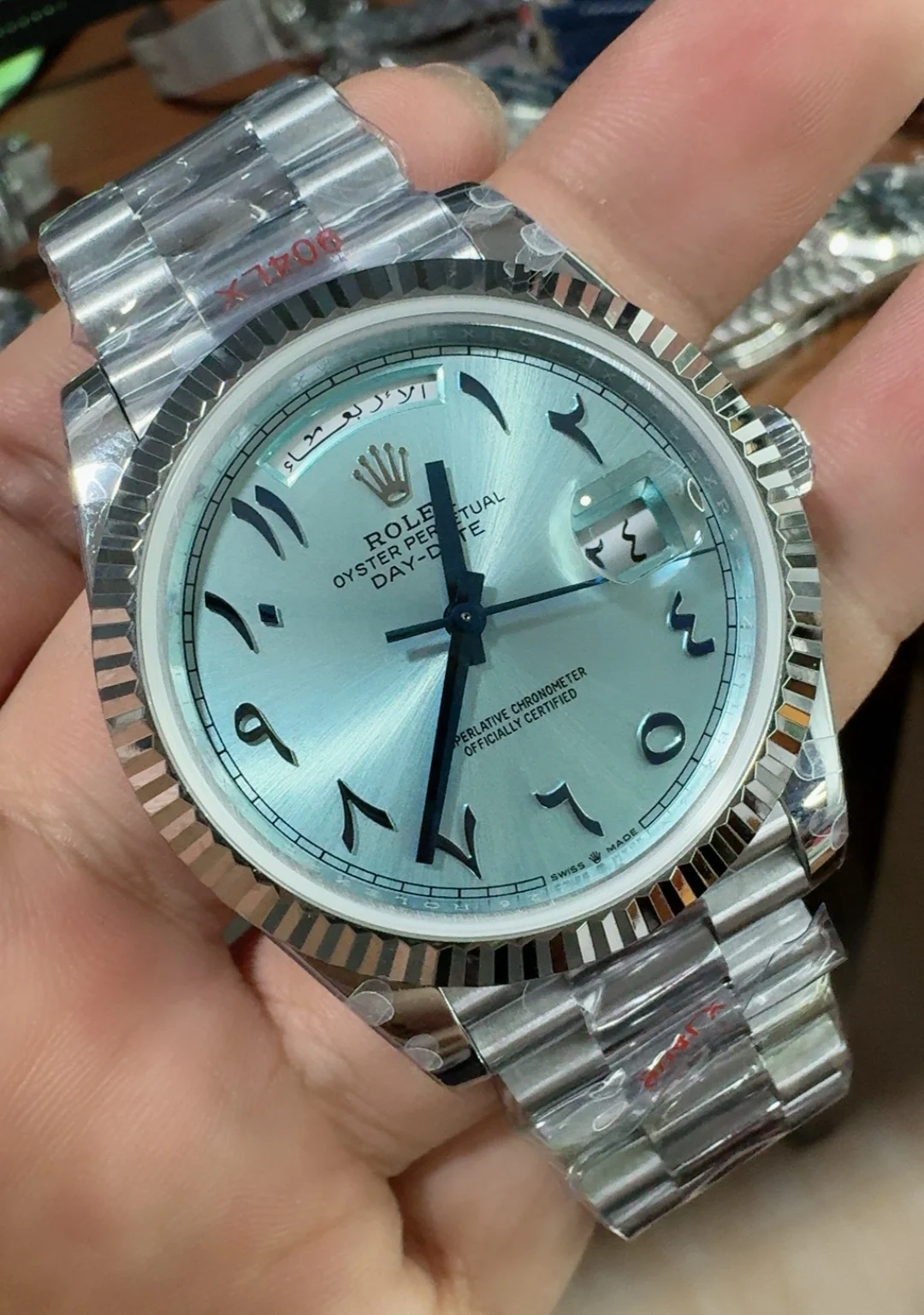 Rolex Day-Date Ice Blue Blue Dial 40mm — photographed off the sweep