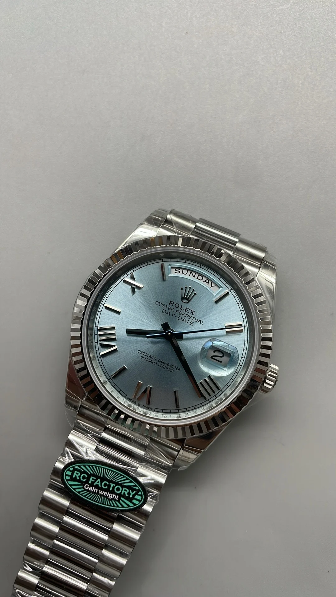 Rolex Day-Date Ice Blue Blue Dial 40mm — photographed off the sweep