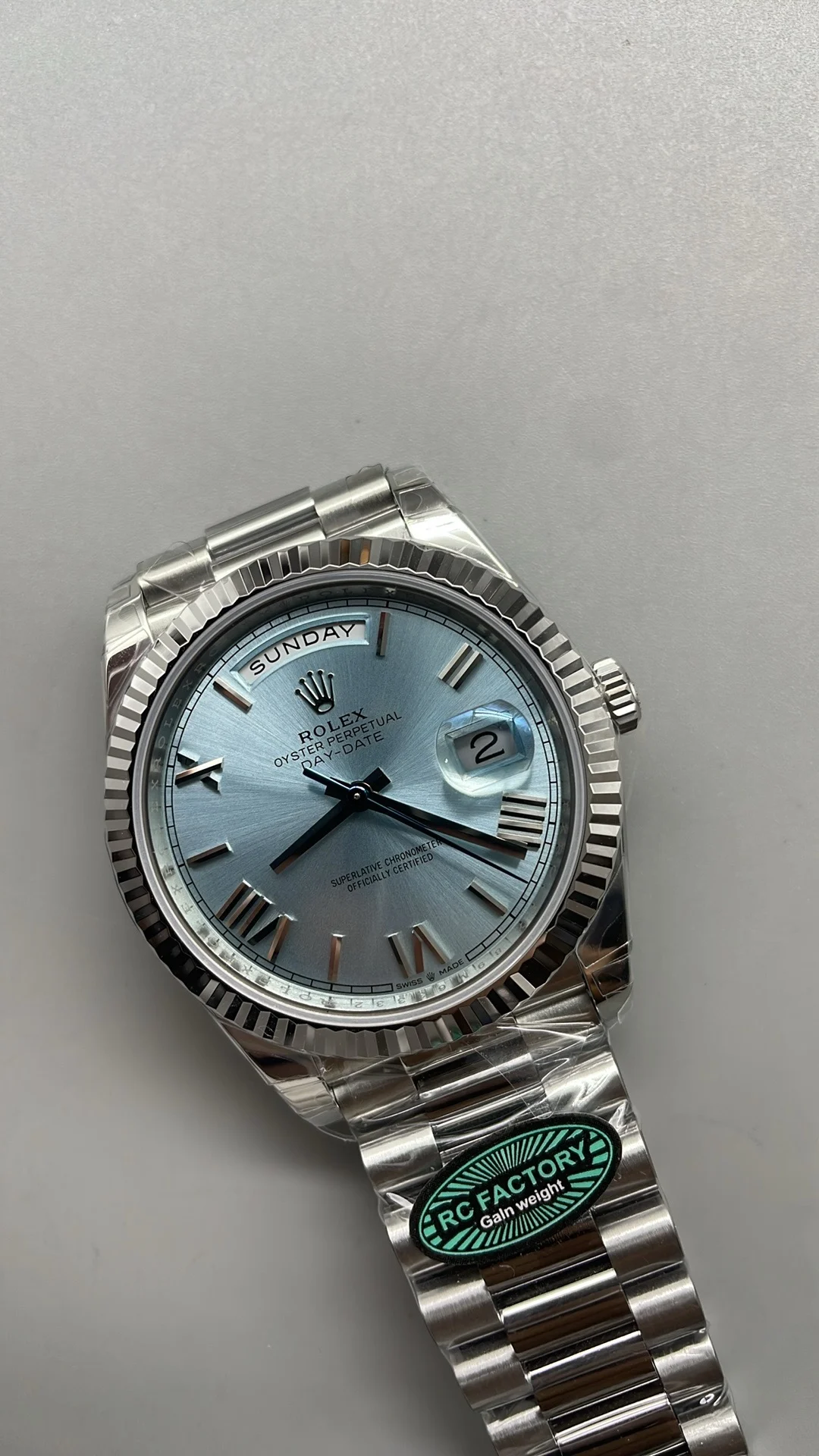 Rolex Day-Date Ice Blue Blue Dial 40mm — photographed off the sweep
