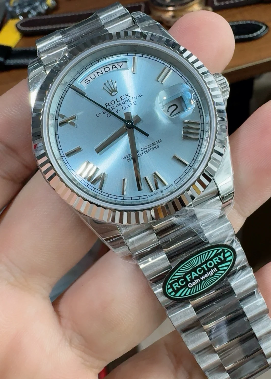 Rolex Day-Date Ice Blue Blue Dial 40mm — photographed off the sweep
