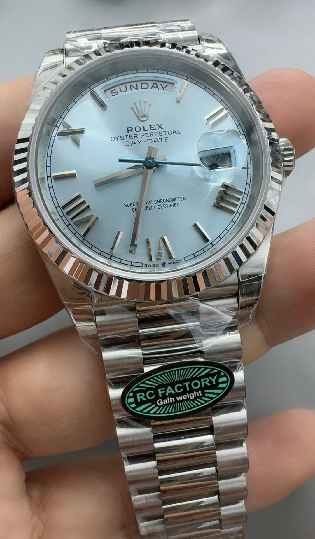 Rolex Day-Date Ice Blue Blue Dial 40mm — photographed off the sweep