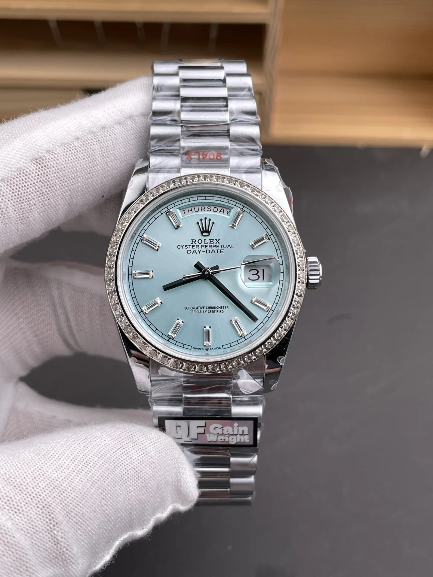 Rolex Day-Date Ice Blue Blue Dial Diamond-Set 36mm — photographed off the sweep