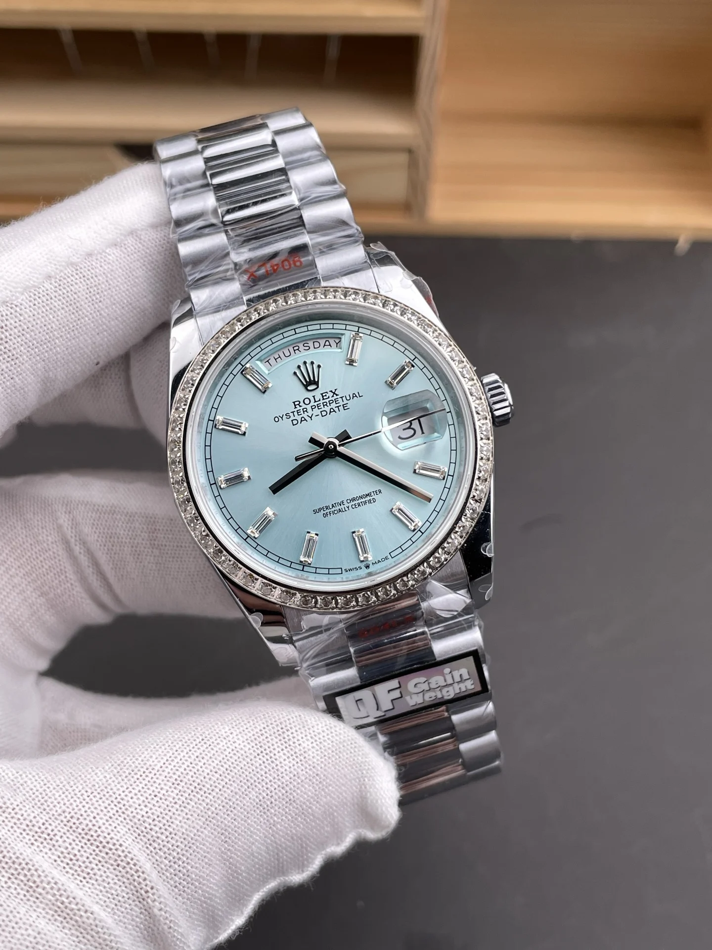 Rolex Day-Date Ice Blue Blue Dial Diamond-Set 36mm — photographed off the sweep