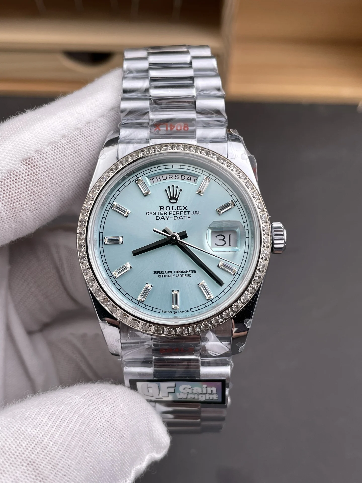 Rolex Day-Date Ice Blue Blue Dial Diamond-Set 36mm — photographed off the sweep