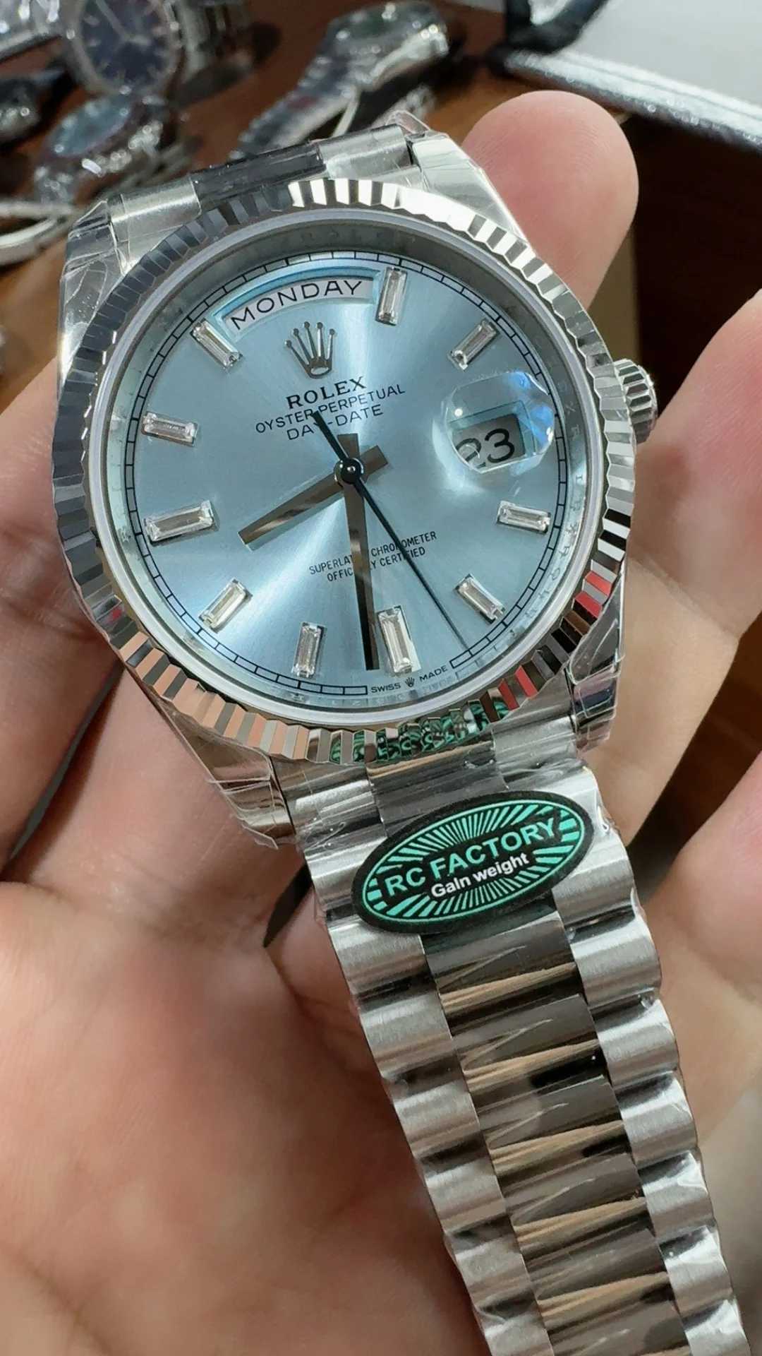 Rolex Day-Date Ice Blue Blue Dial Diamond-Set 40mm β photographed off the sweep