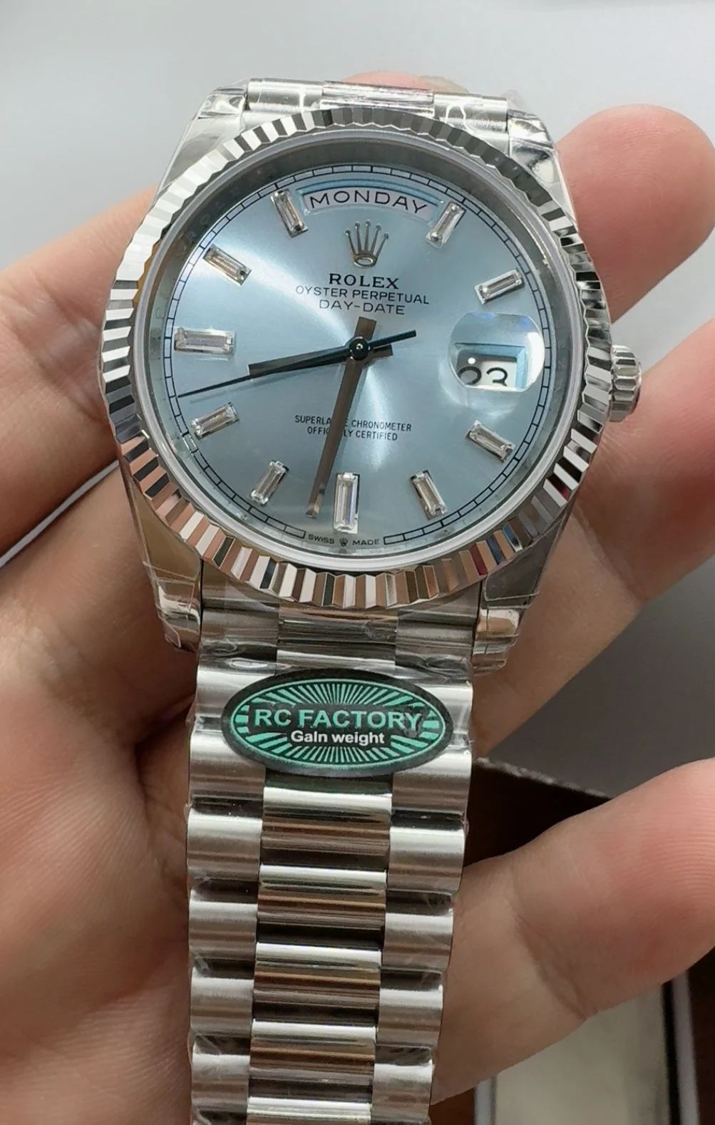 Rolex Day-Date Ice Blue Blue Dial Diamond-Set 40mm β photographed off the sweep