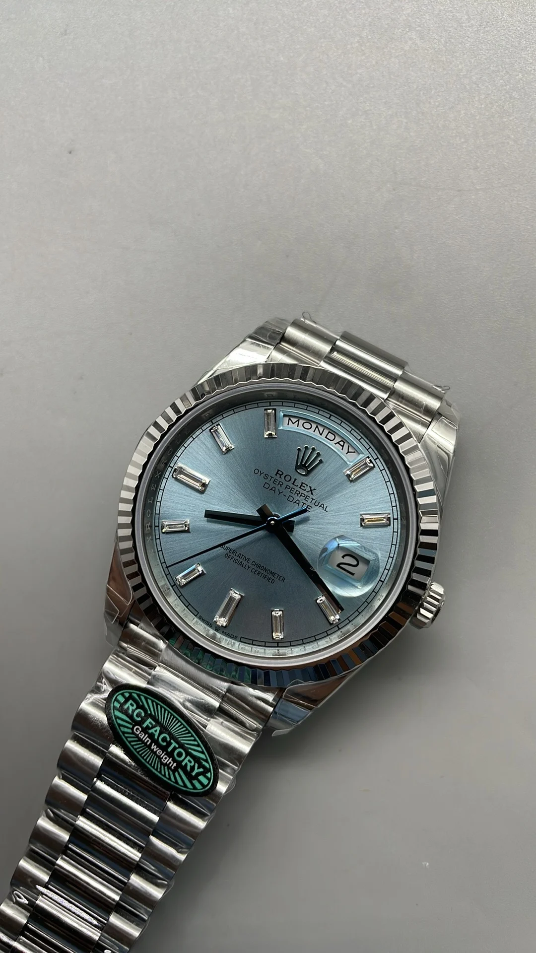 Rolex Day-Date Ice Blue Blue Dial Diamond-Set 40mm — photographed off the sweep