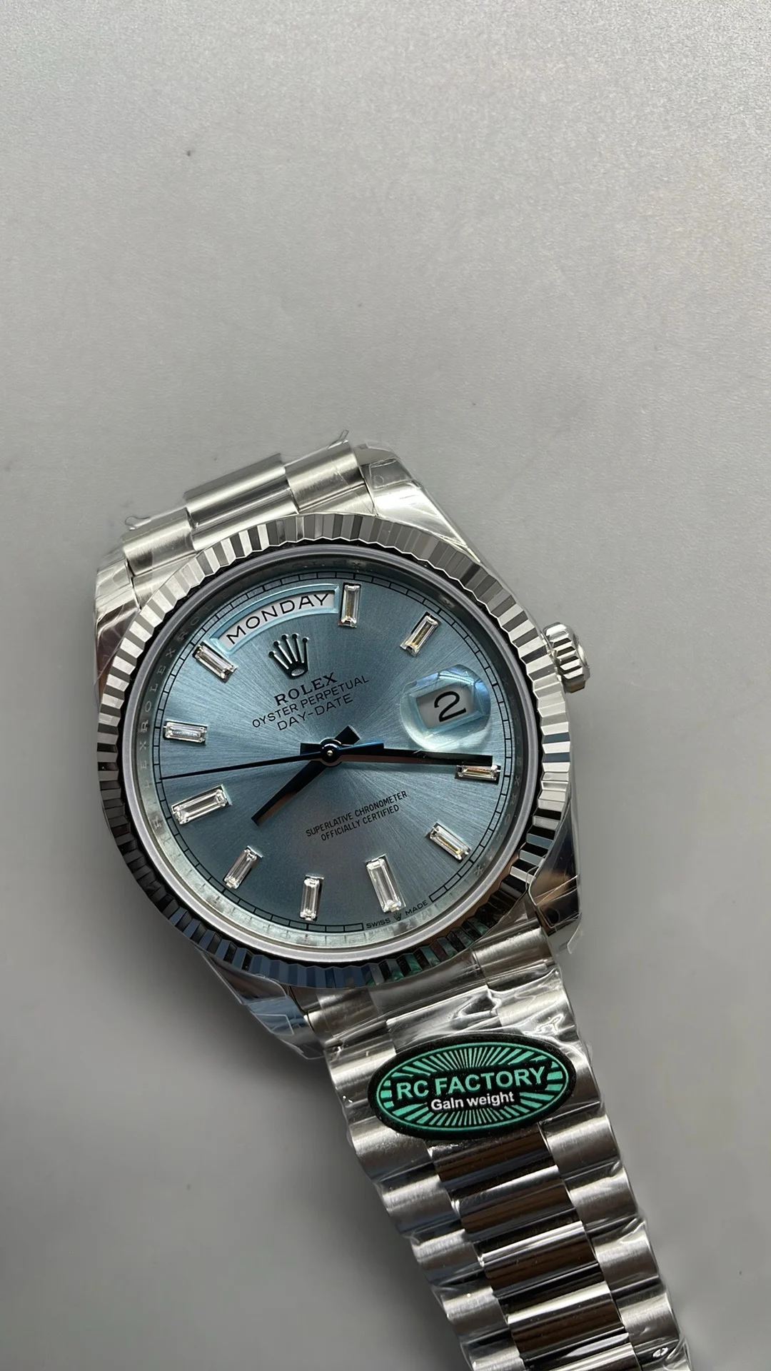 Rolex Day-Date Ice Blue Blue Dial Diamond-Set 40mm — photographed off the sweep
