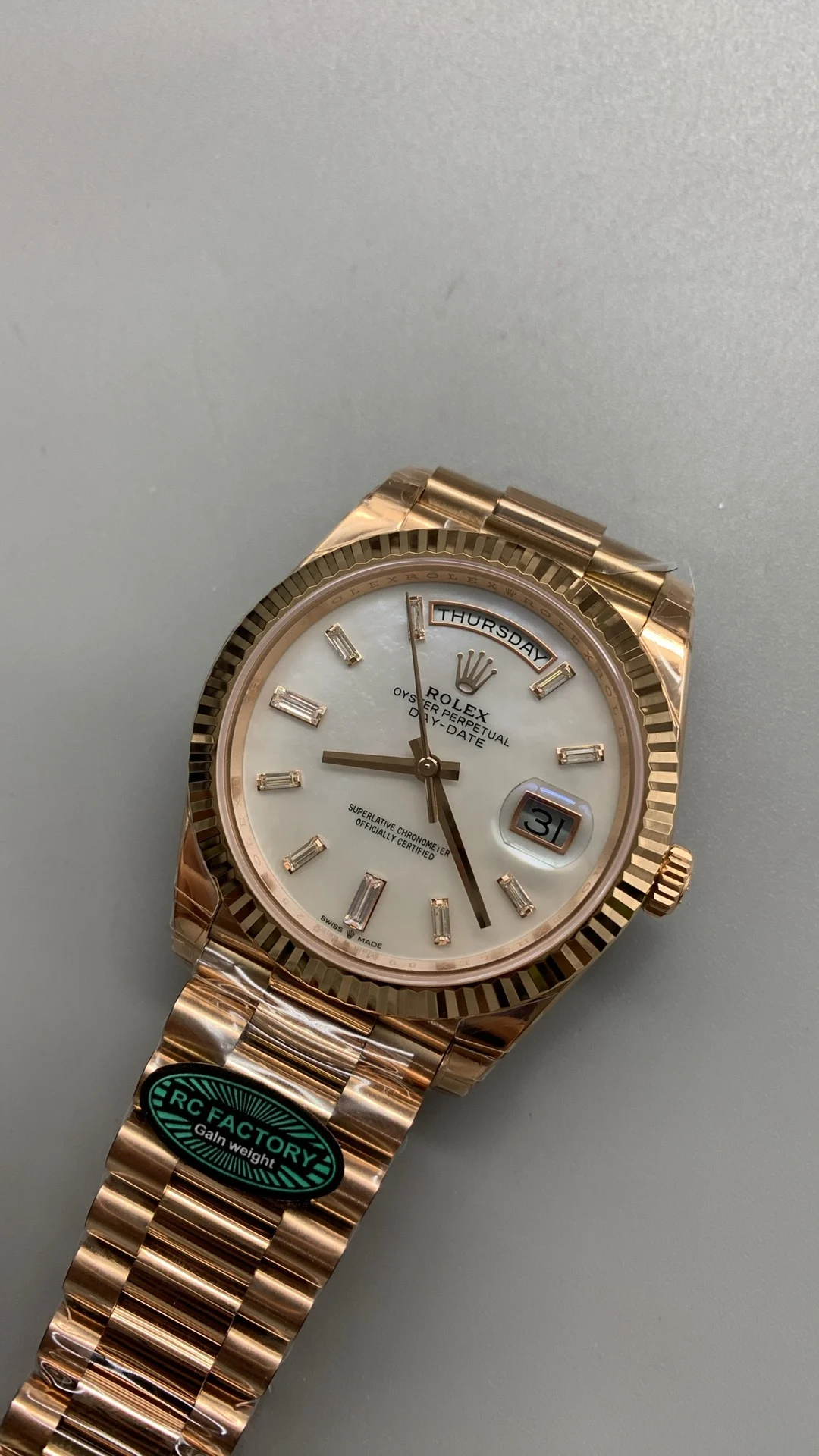 Rolex Day-Date Mother of Pearl — photographed off the sweep