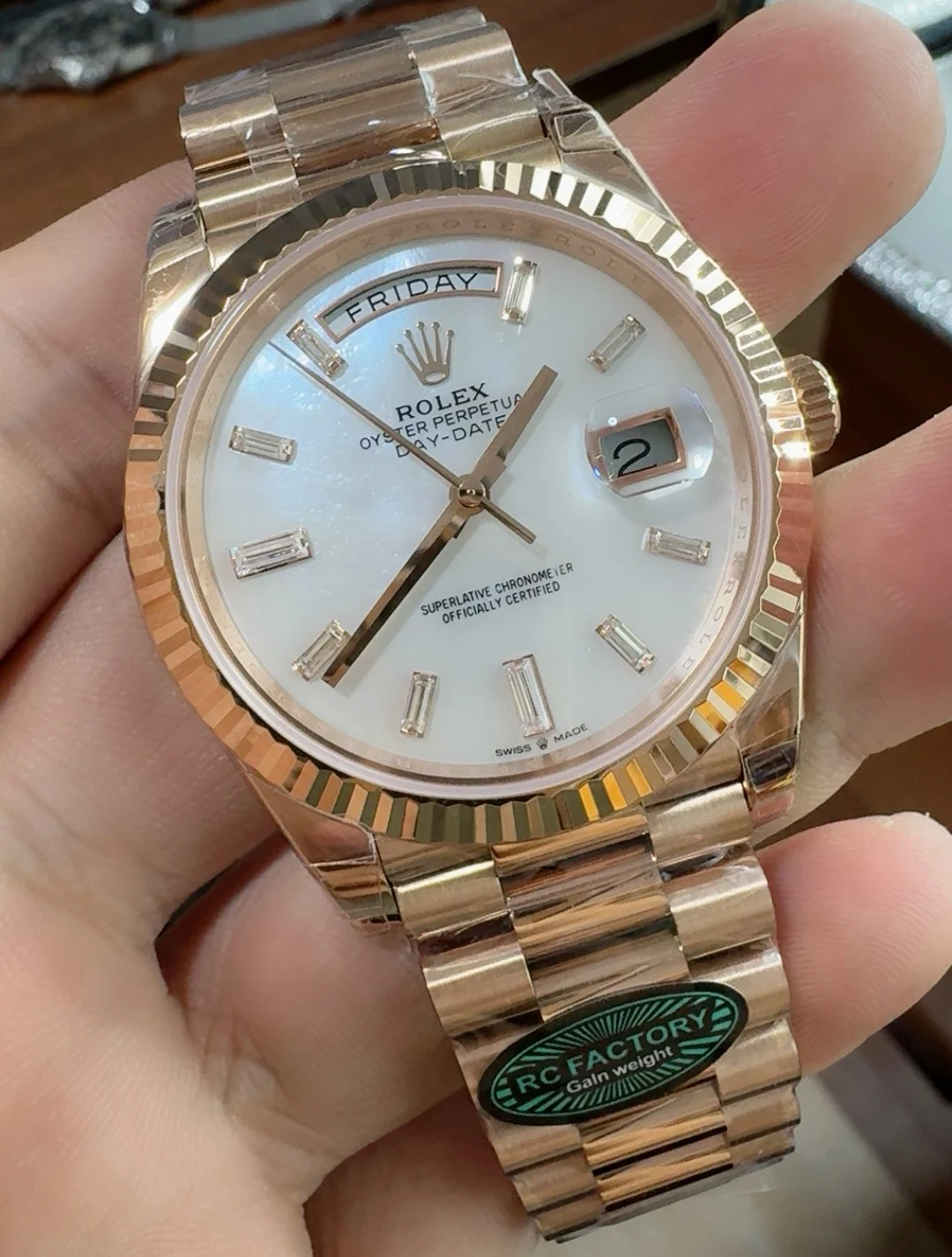 Rolex Day-Date Mother of Pearl — photographed off the sweep