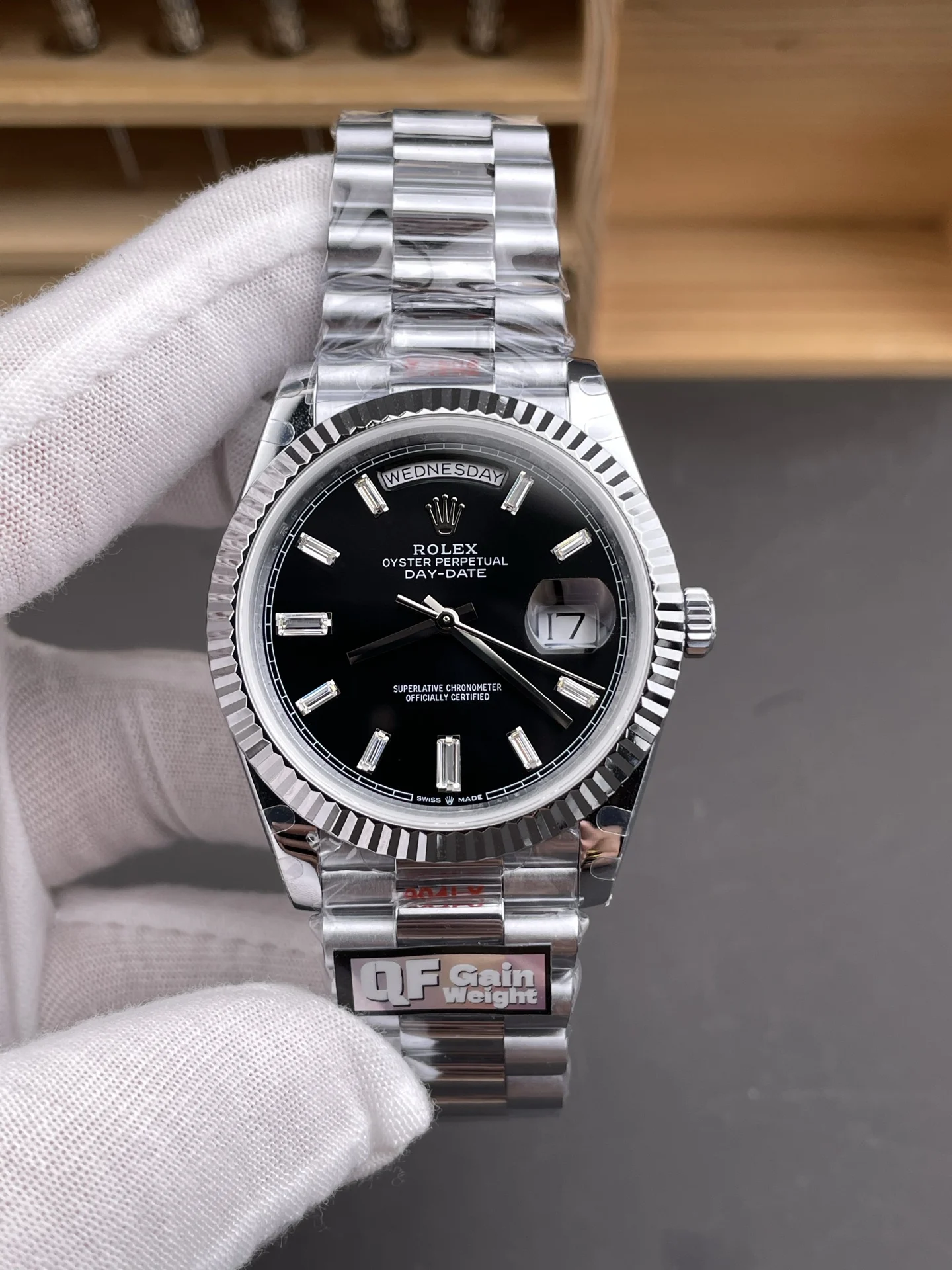 Rolex Day-Date Platinum Black Dial — photographed off the sweep