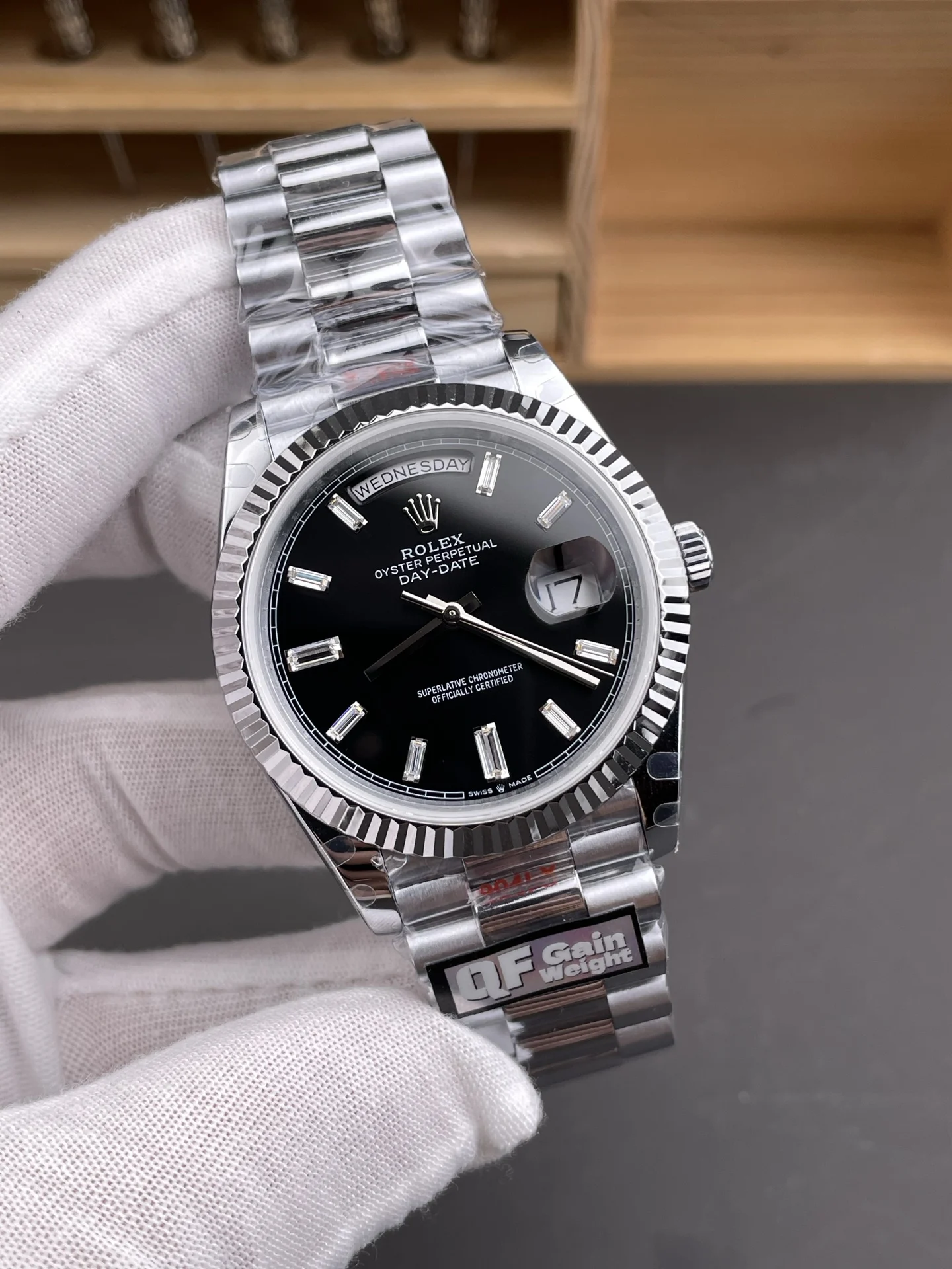 Rolex Day-Date Platinum Black Dial — photographed off the sweep