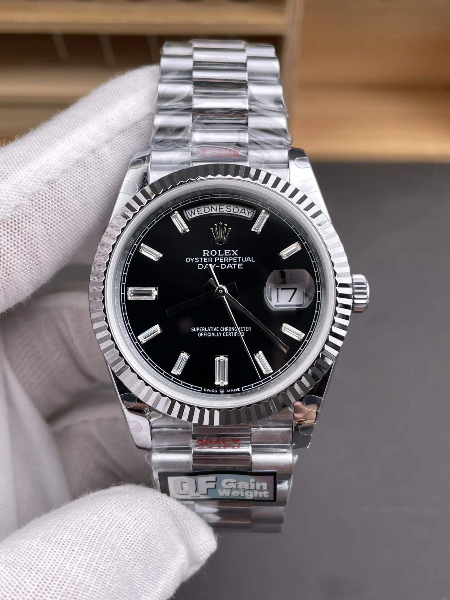 Rolex Day-Date Platinum Black Dial — photographed off the sweep