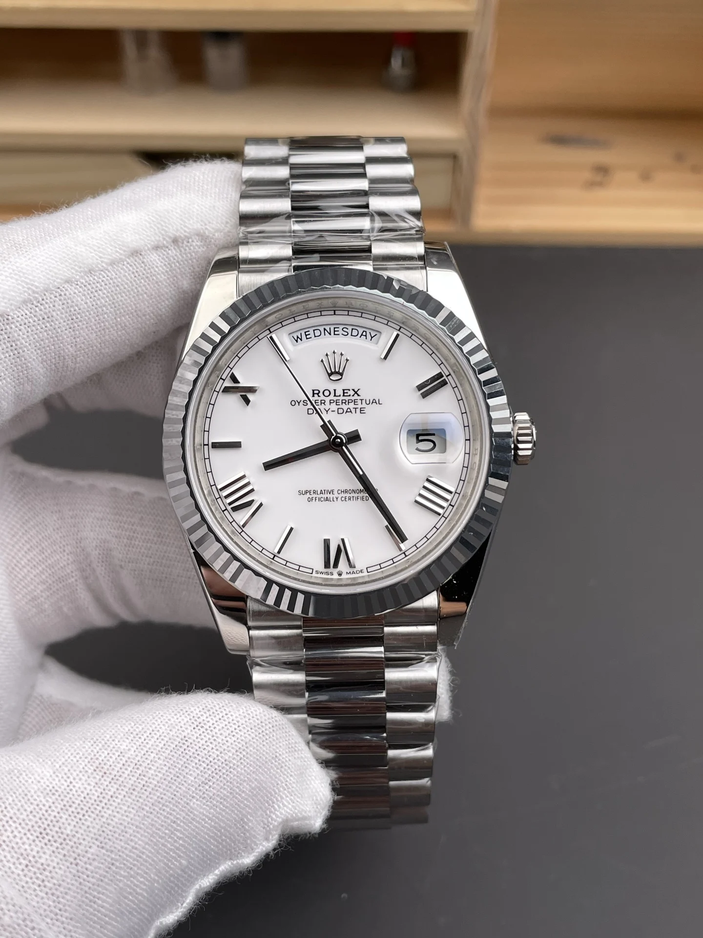 Rolex Day-Date Platinum — photographed off the sweep