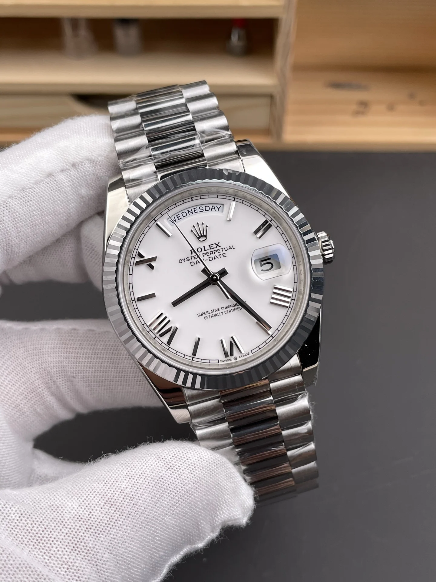 Rolex Day-Date Platinum — photographed off the sweep