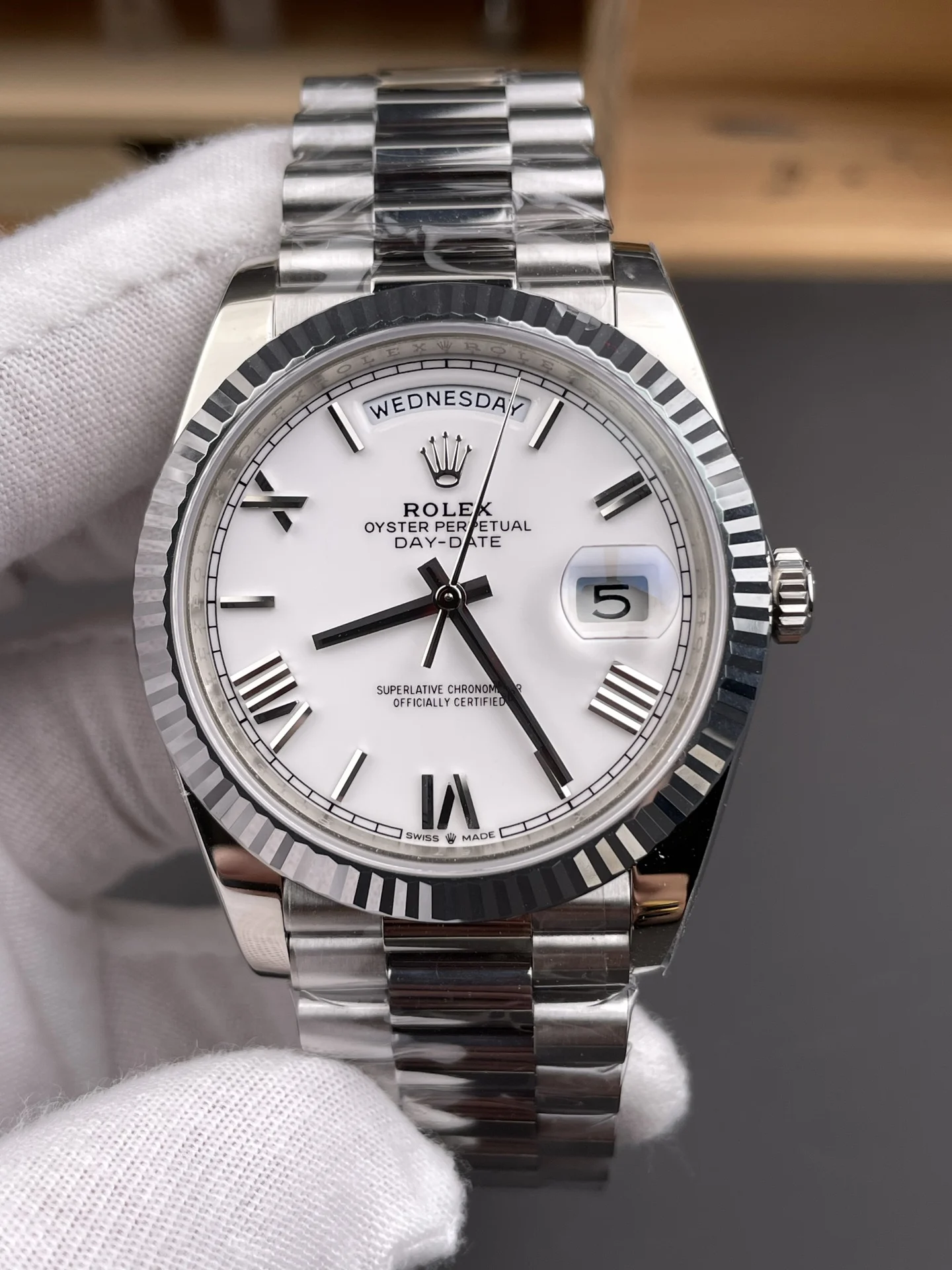 Rolex Day-Date Platinum — photographed off the sweep