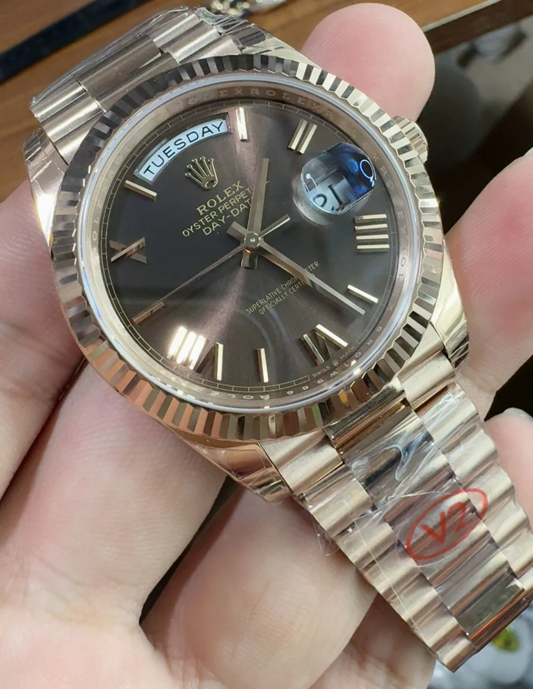 Rolex Day-Date Rose Gold 40mm — photographed off the sweep