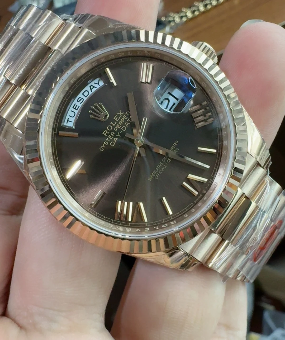 Rolex Day-Date Rose Gold 40mm — photographed off the sweep