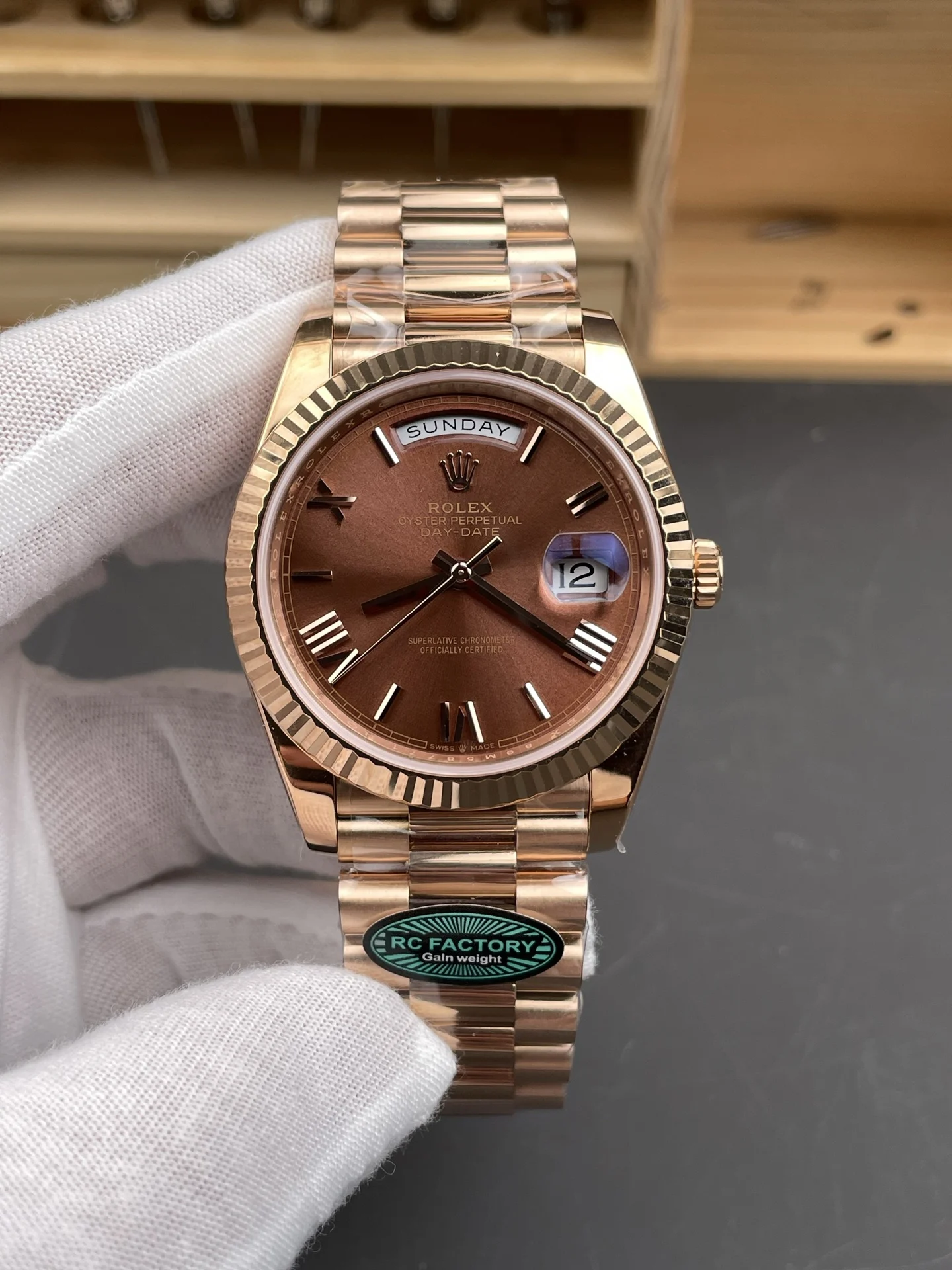 Rolex Day-Date Rose Gold 40mm — photographed off the sweep
