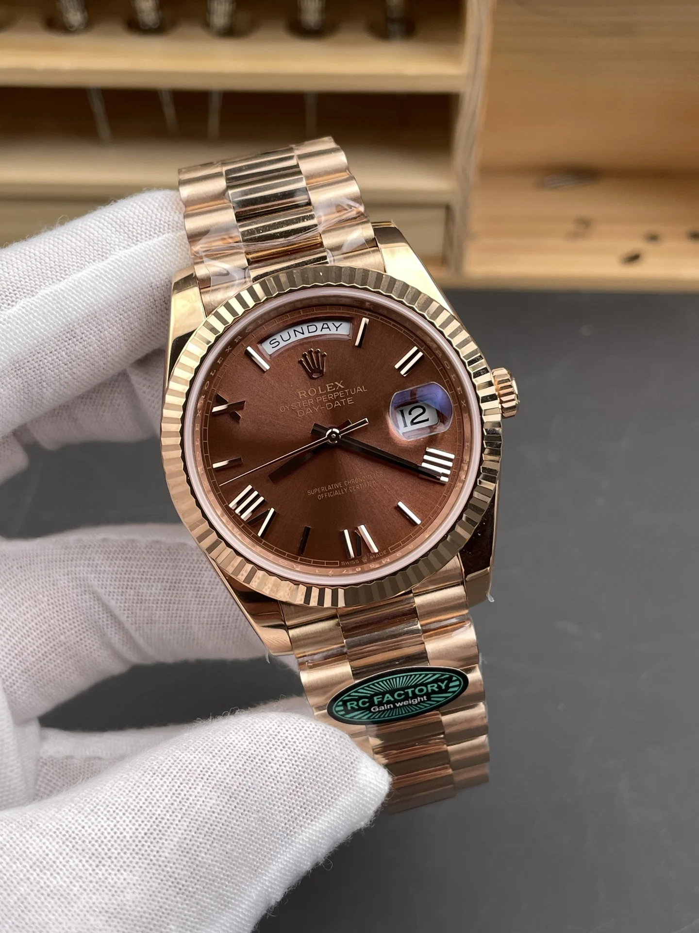 Rolex Day-Date Rose Gold 40mm — photographed off the sweep