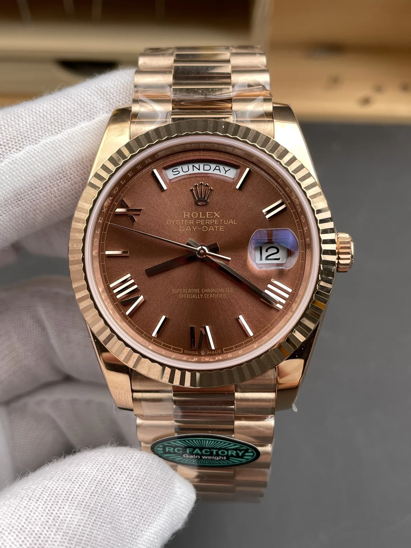 Rolex Day-Date Rose Gold 40mm — photographed off the sweep