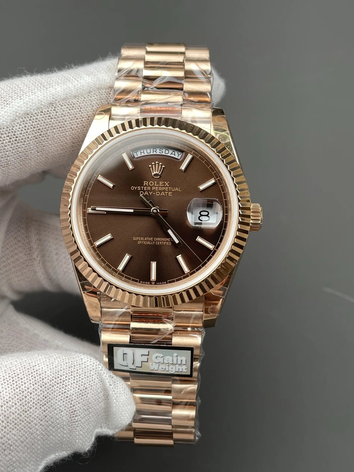 Rolex Day-Date Rose Gold 40mm — photographed off the sweep