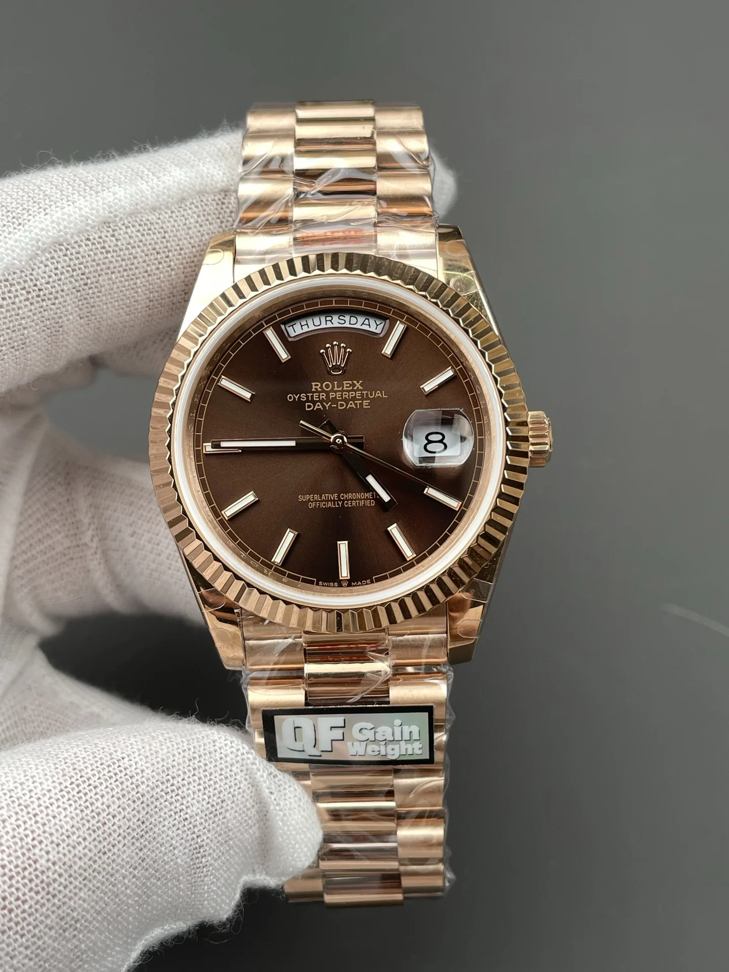 Rolex Day-Date Rose Gold 40mm — photographed off the sweep