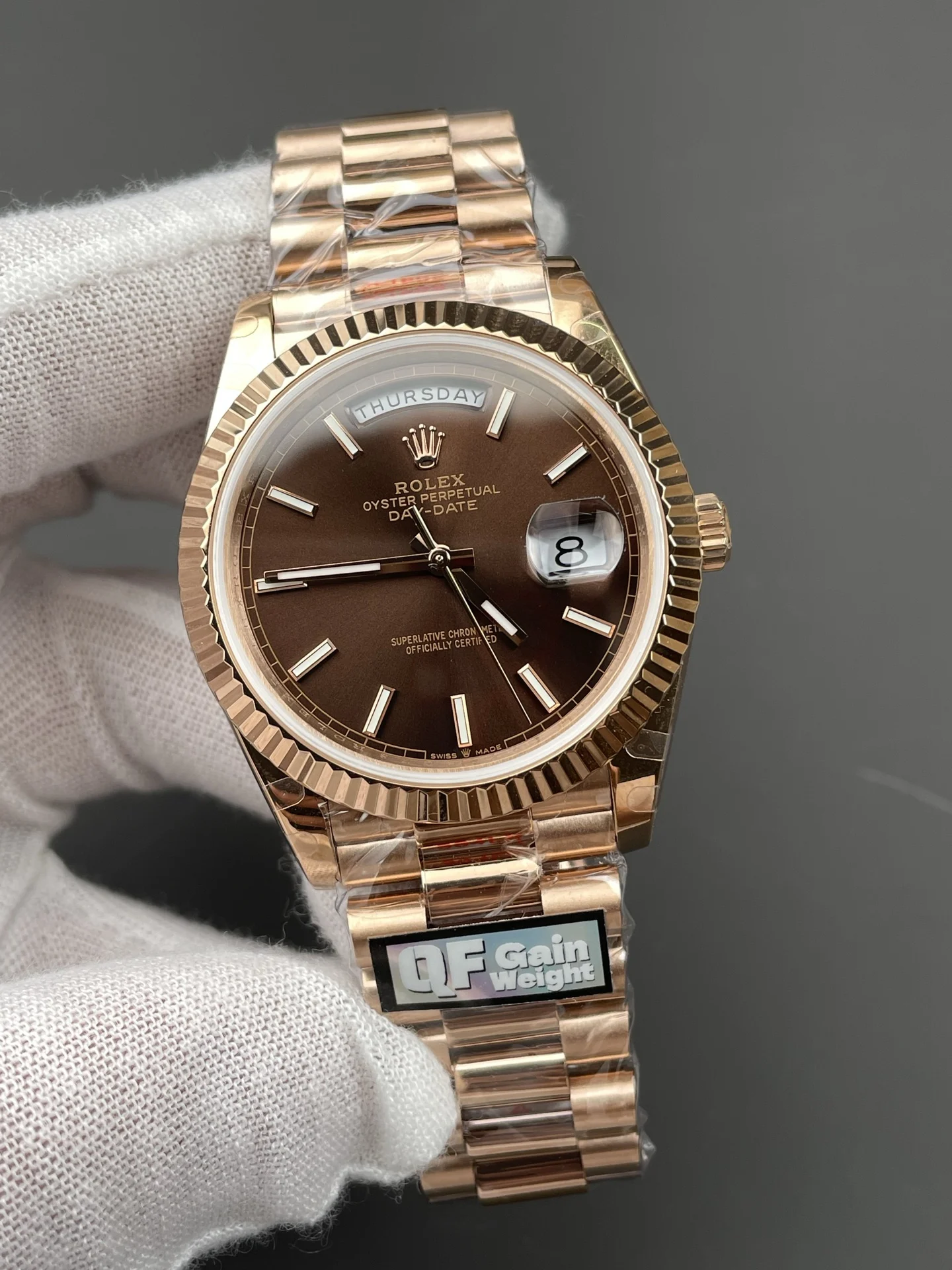 Rolex Day-Date Rose Gold 40mm — photographed off the sweep