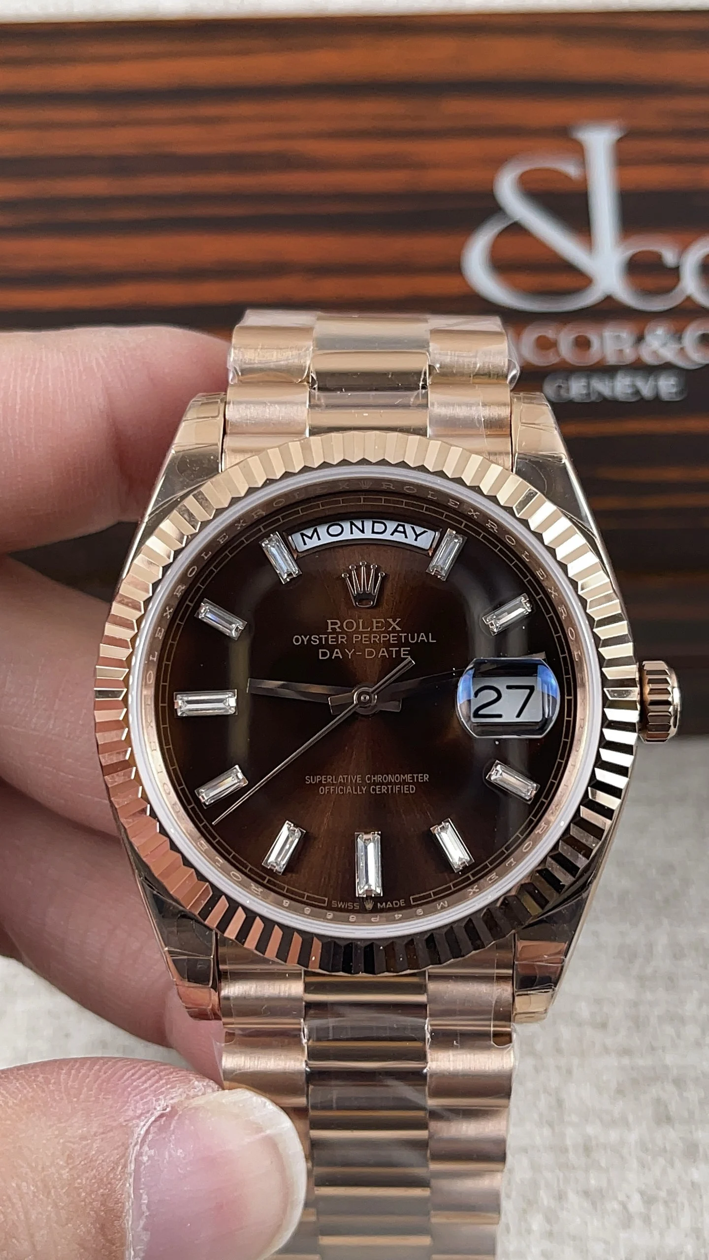 Rolex Day-Date Rose Gold 40mm — photographed off the sweep