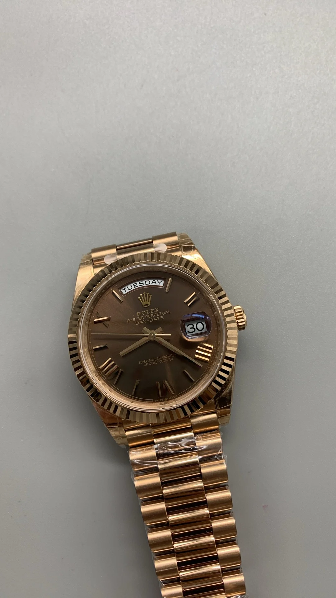 Rolex Day-Date Rose Gold 40mm — photographed off the sweep