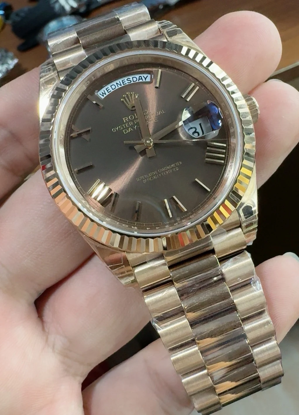 Rolex Day-Date Rose Gold 40mm — photographed off the sweep
