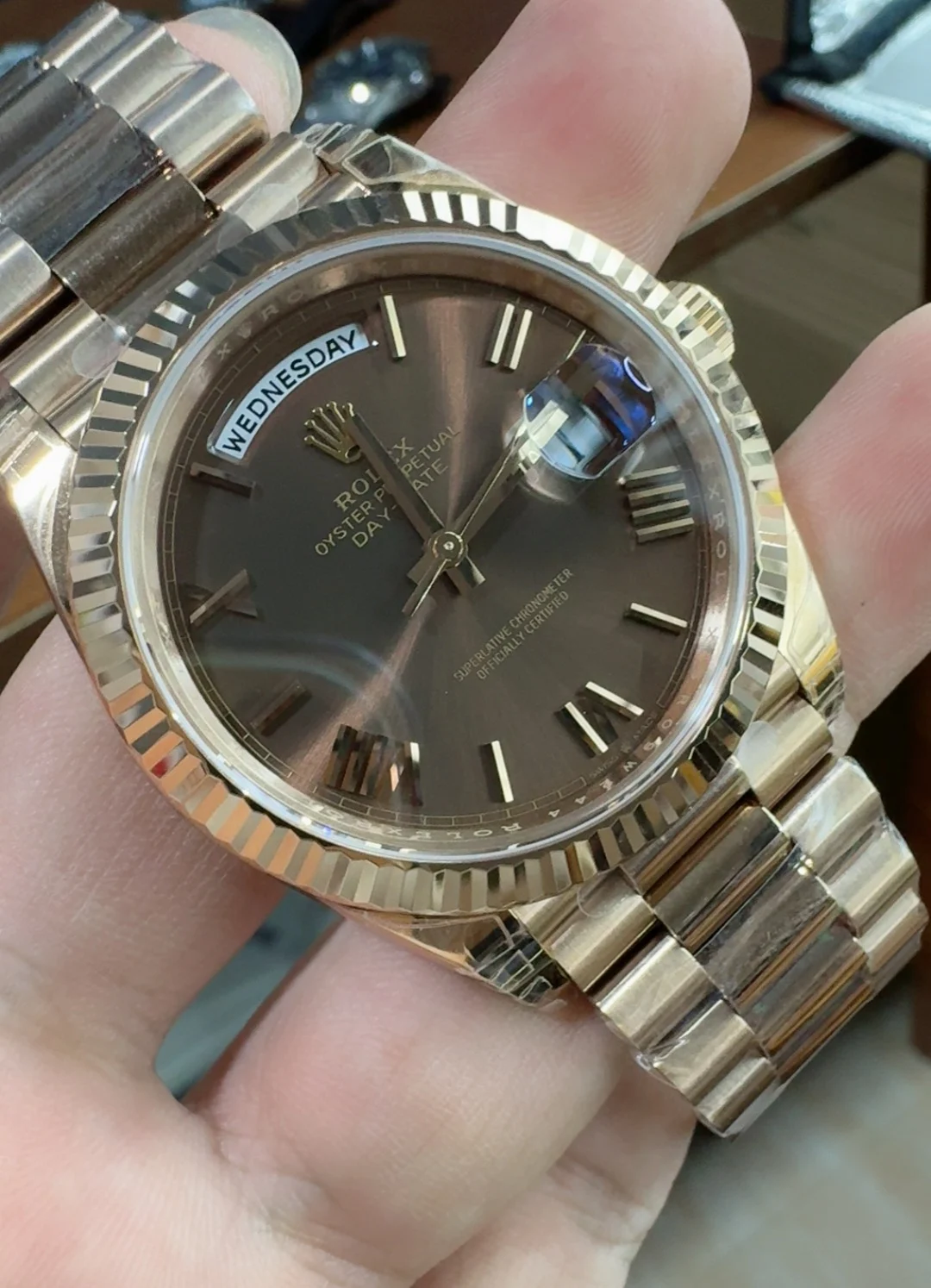 Rolex Day-Date Rose Gold 40mm — photographed off the sweep