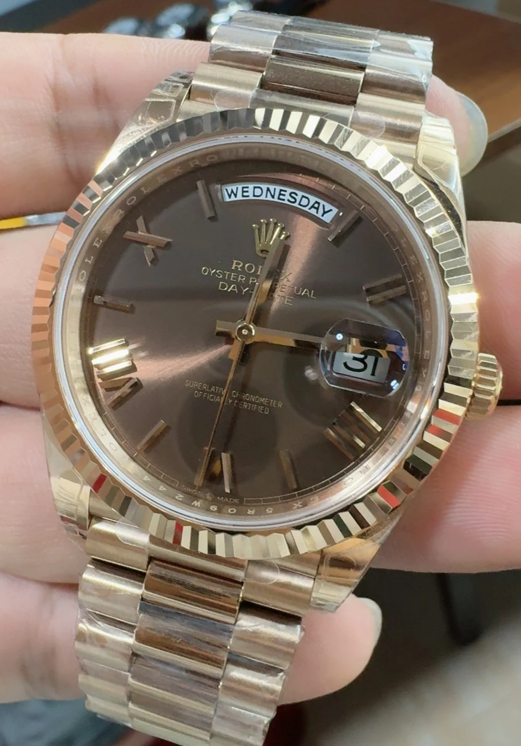 Rolex Day-Date Rose Gold 40mm — photographed off the sweep
