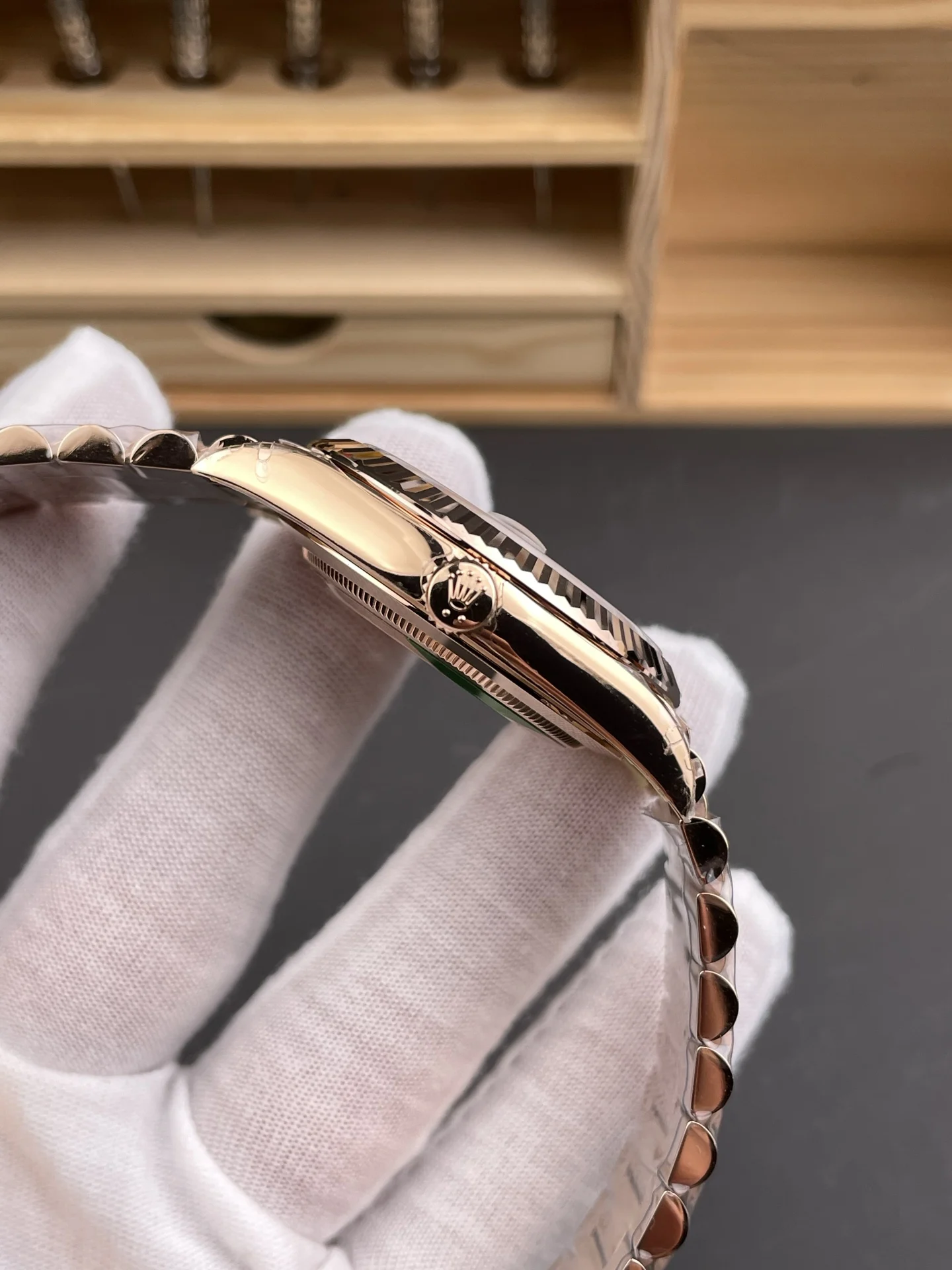 Rolex Day-Date Rose Gold Green Dial 40mm — photographed off the sweep