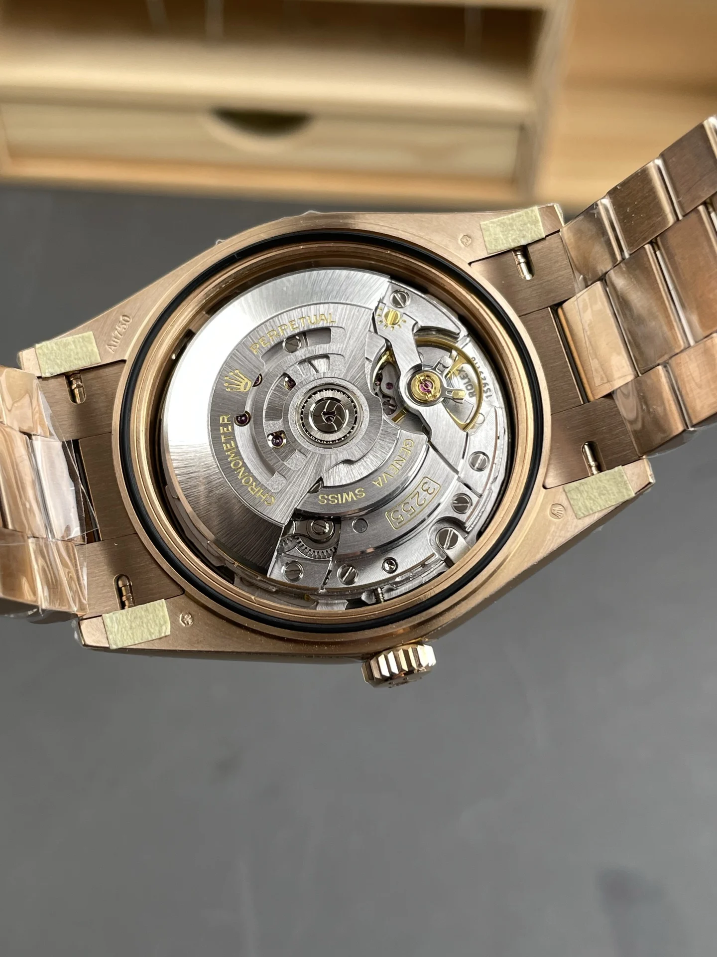 Rolex Day-Date Rose Gold Green Dial 40mm — photographed off the sweep