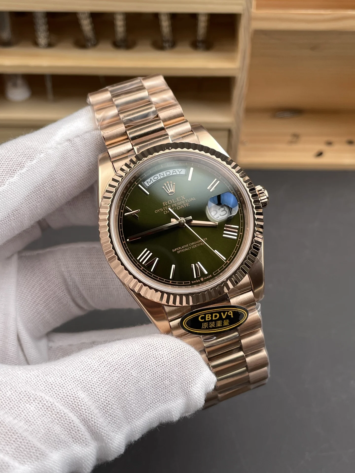 Rolex Day-Date Rose Gold Green Dial 40mm — photographed off the sweep