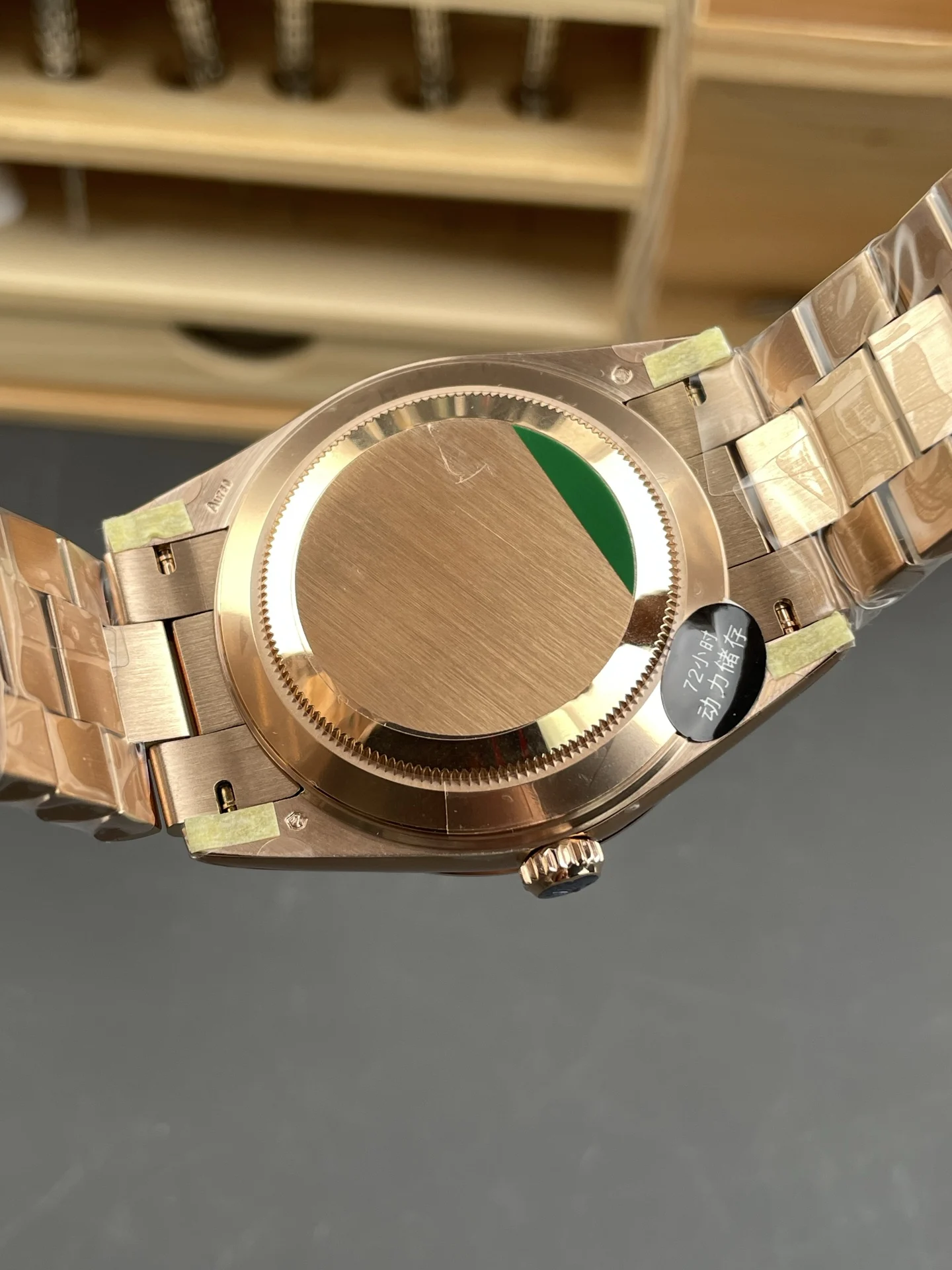 Rolex Day-Date Rose Gold Green Dial 40mm — photographed off the sweep