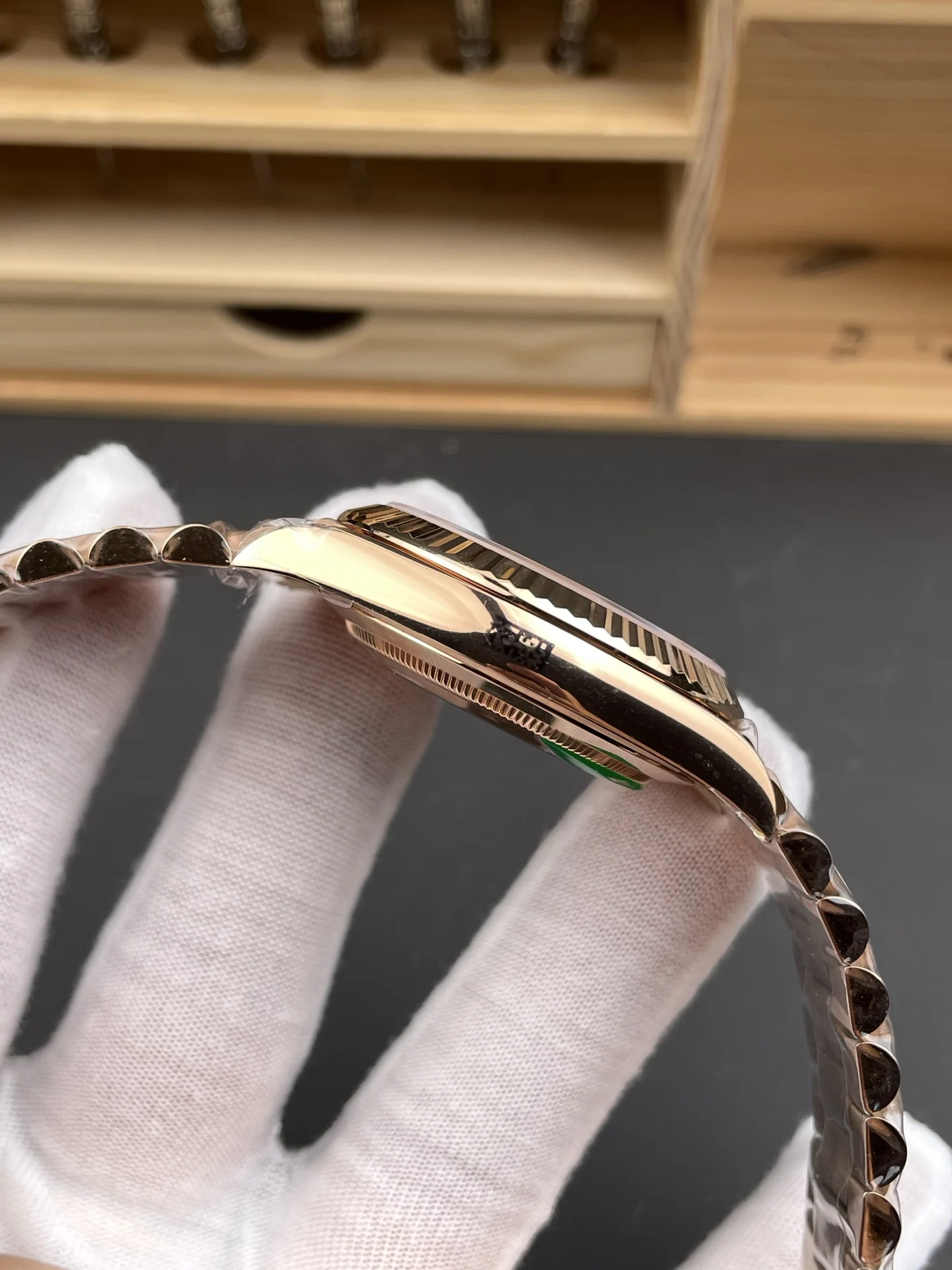 Rolex Day-Date Rose Gold Green Dial 40mm — photographed off the sweep